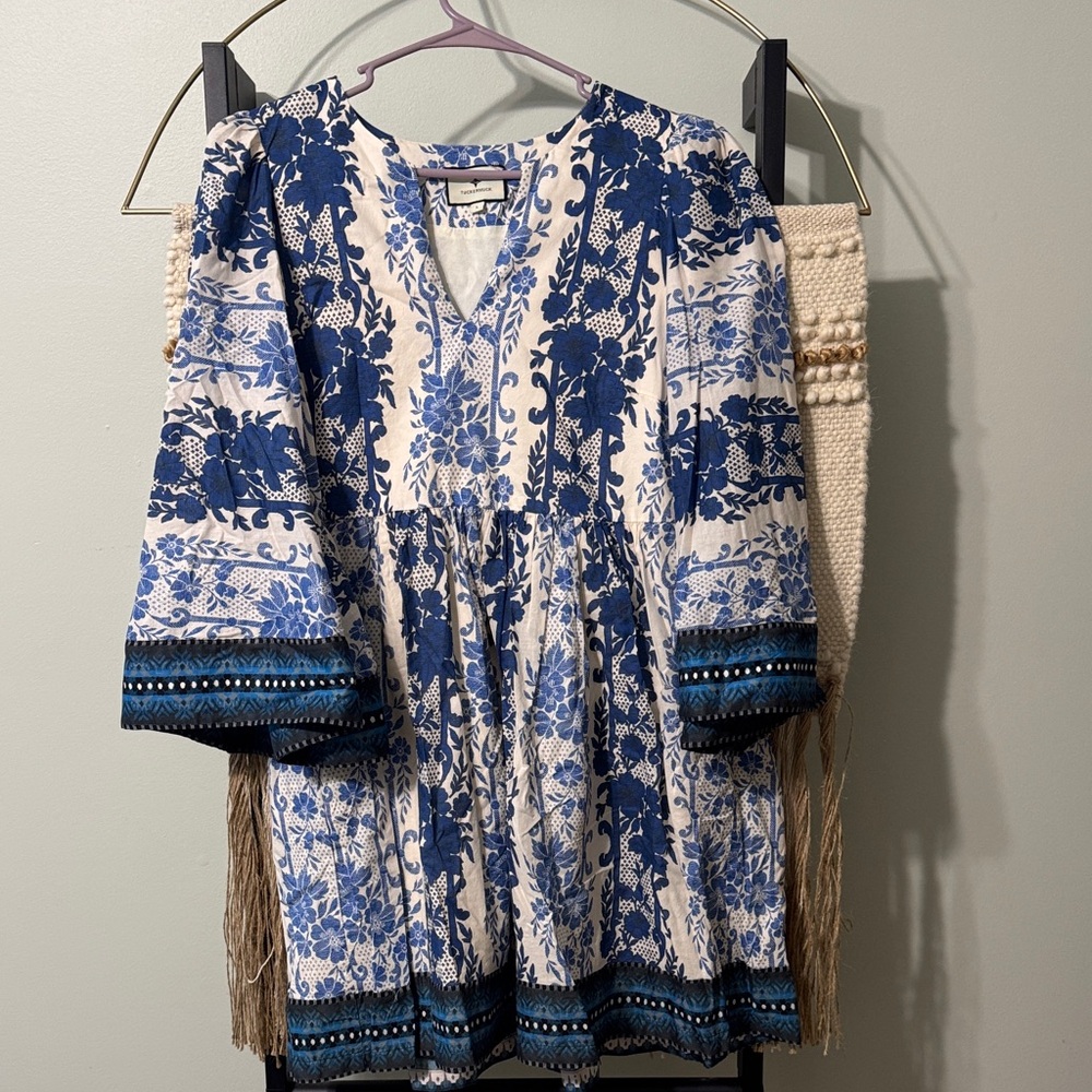 Tuckernuck White Dress with Blue Floral Print and Dark Blue Trim